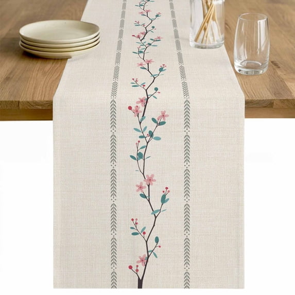 Beige Flower Branch Table Runner - 48 Inch Long Spring Summer Farmhouse Botanical Cotton and Linen Blended Dress Scarves Farmhouse Table Runner for Kitchen Dining, Coffee Table, 13" x 48"