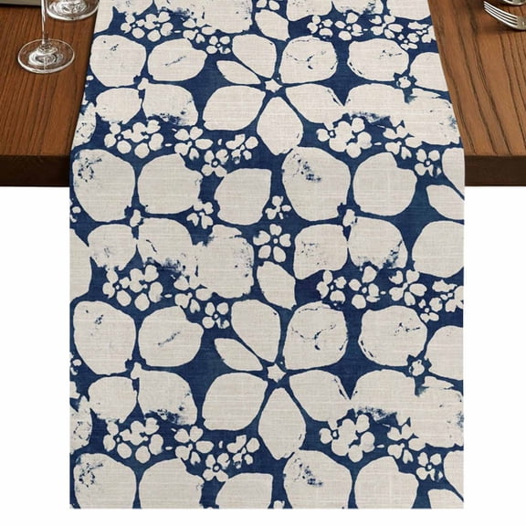 Beige Flower Pattern Burlap Cotton Table Runner 13x36 Inches Short, Retro Country Tie-dye Floral Abstract Blue Farmhouse Table Runners, Outdoor Dining Tablecloths Decor for Baby Shower/Party/Wedding