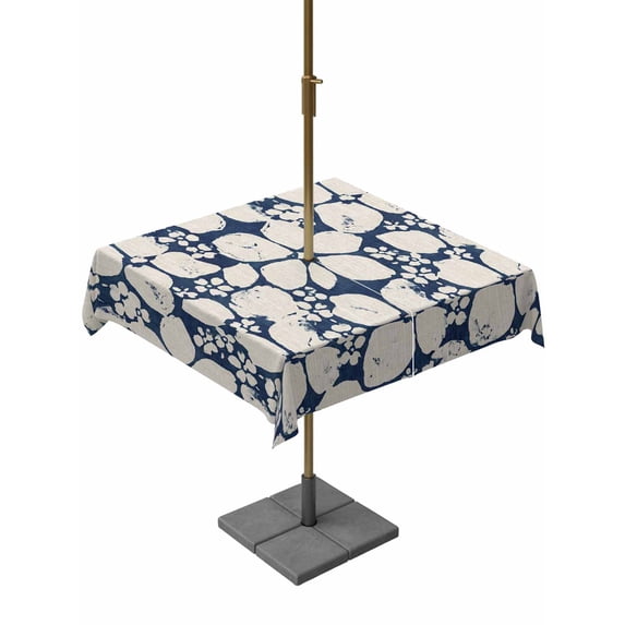 Beige Flower Pattern Outdoor Tablecloth - 60x60 Inch Square Dining Table Cover, Retro Country Tie-dye Floral Abstract Blue Waterproof Outdoor Table Cloth with Umbrella Hole & Zipper for Picnic/Patio