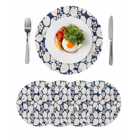 Beige Flower Pattern Round 13 Inch Placemats Set of 4, Retro Country Tie-dye Floral Abstract Blue HeatResistant Non Slip Place Mats for Dining Table, Wipeable Kitchen Table Mats for Housewarming