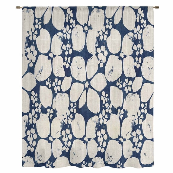 Beige Flower Pattern Sheer Curtains 45" Long, Retro Country Tie-dye Floral Abstract Blue Light Filering Curtains, Breathable Simi Curtain Privacy Drapes for Kitchen Bathroom Small Window Treatment