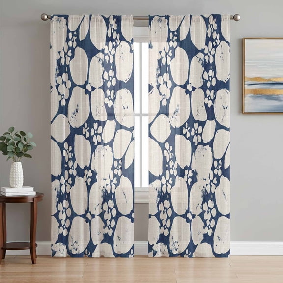 Beige Flower Pattern Sheer Curtains 63 Inch Length 2 Panels for Living Room, Retro Country Tie-dye Floral Abstract Blue Voile Kitchen Curtain Set, Luxury Privacy Drapes Window Treatment for Bedroom
