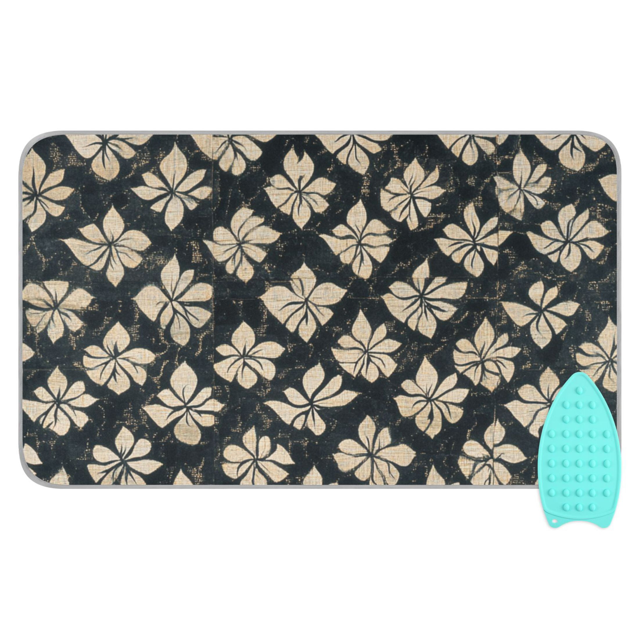 Beige Flower on Black Background Ironing Mat Blanket for Table Top Travel Portable Ironing Board Pad 47.2x27.6 Inch