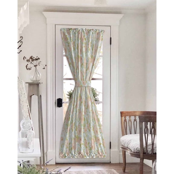 Beige Flowers Blackout Door Curtains for French, Glass,Front, Back, Patio Door, Farmhouse Botanical Floral Green Leaves Thermal Insulated Rod Pocket Window Curtain Drapes With Tiebacks 25"x72"