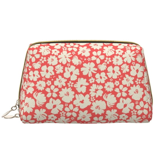 Beige Flowers Makeup Bag, Large Capacity Travel Cosmetic Bag for Women Girls- Travel Toiletry Bag Leather Portable Waterproof Makeup Case Organizer with Handle