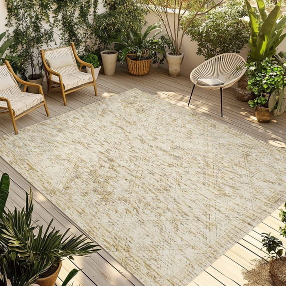 Beige Flowers Outdoor Rug for Patio/Deck/Porch, Non-Slip Large Area Rug 4 x 6 Ft, Spring Floral Farmhouse Retro Art Indoor Outdoor Rugs Washable Area Rugs, Reversible Camping Rug Carpet Runner