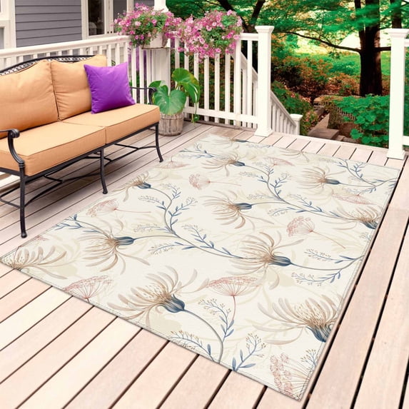 Beige Flowers Outdoor Rug for Patio/Deck/Porch, Non-Slip Large Area Rug 6 x 9 Ft, Watercolor Farmhouse Botanical Floral Indoor Outdoor Rugs Washable Area Rugs, Reversible Camping Rug Carpet Runner