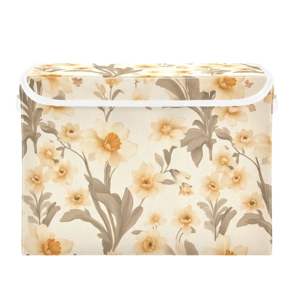Beige Flowers Pattern Large Storage Bins with Linen Collapsible Lid Storage Box 16.7 x 12.6 x 11.8in