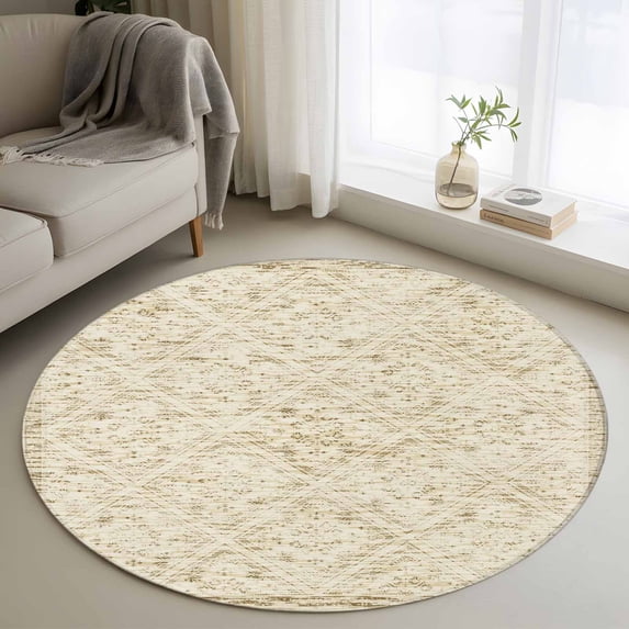 Beige Flowers Round Area Rug 4Ft Washable Circle Rugs for Bedroom Dining Room, Spring Floral Farmhouse Retro Art Non-Slip Carpet Floor Mats Indoor Outdoor Carpet Runner Aesthetic Home Decor