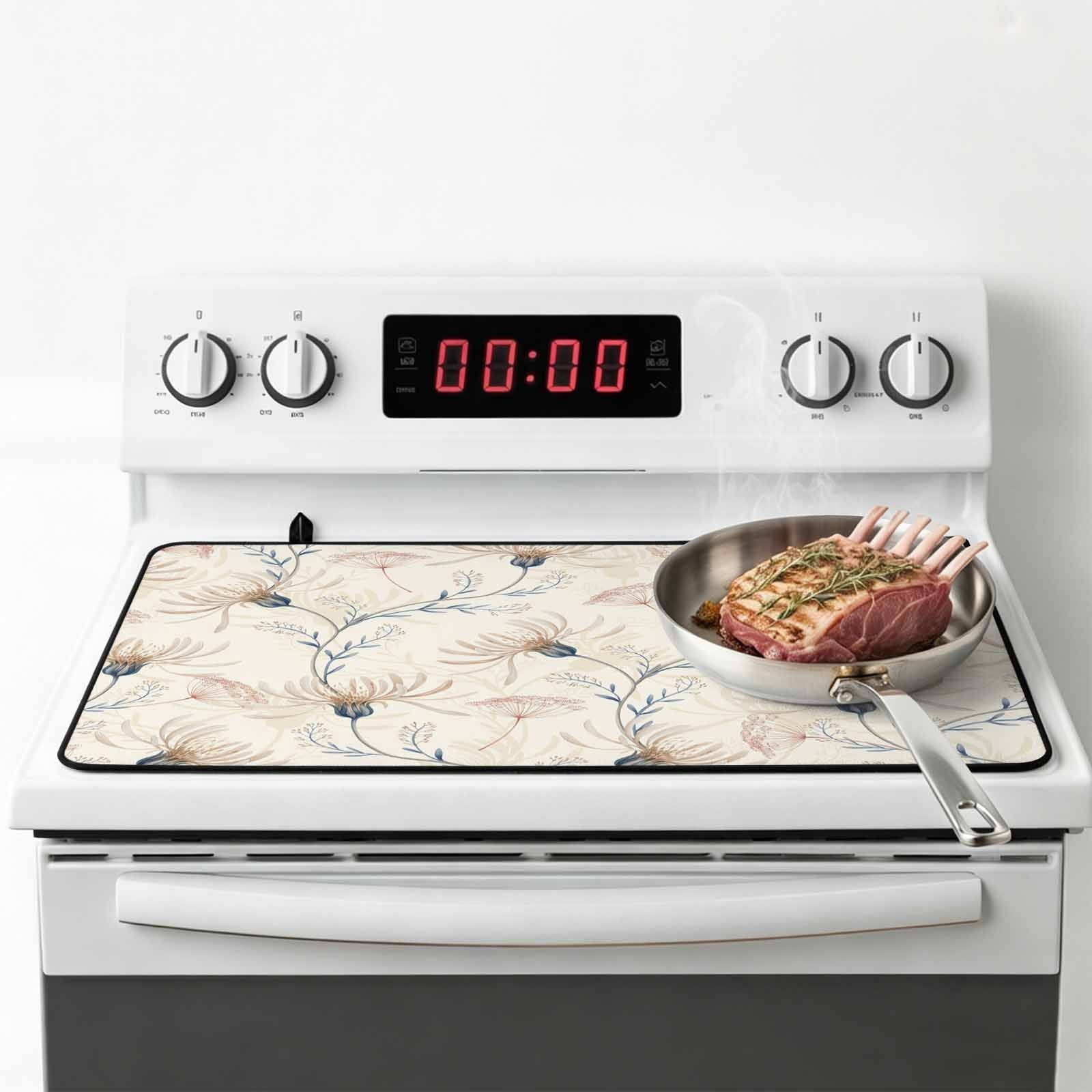 Beige Flowers Stove Top Cover for Electric Stove, Heat-proof & Non Slip Glass Top Stove Cover Protector, Watercolor Farmhouse Botanical Floral Kitchen Flat Cooktop Rubber Mat 24x21 Inches
