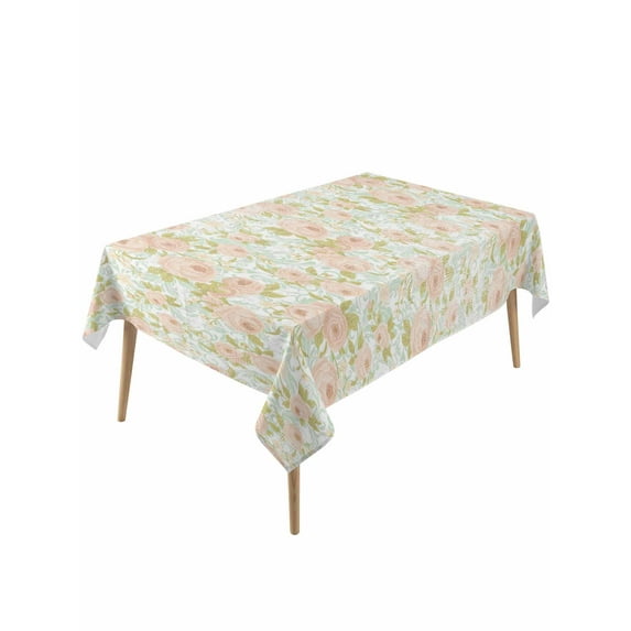 Beige Flowers Table Cloth, Farmhouse Botanical Floral Green Leaves Waterproof Tablecloth for Rectangle Tables, Reusable Washable Fabric Table Cover for Restaurant Kitchen Dining Tables 54"x108"