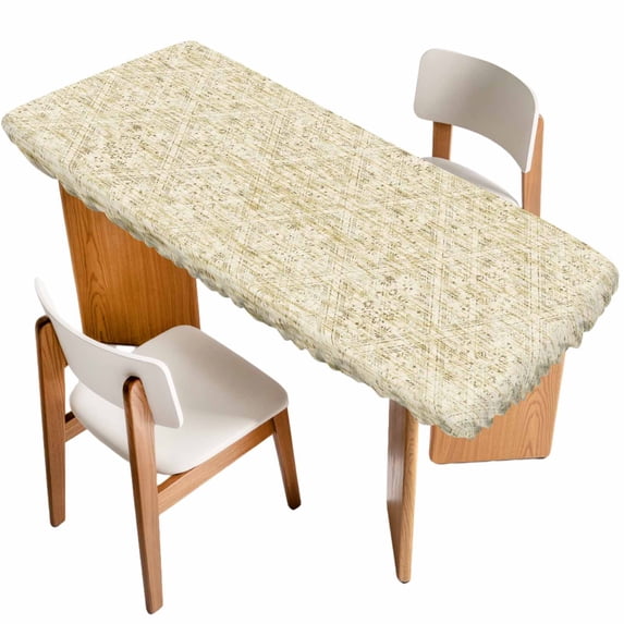 Beige Flowers Table Cloths for 8 Foot Rectangle Tables, Spring Floral Farmhouse Retro Art Patio Waterproof Elastic Fitted Tablecloths, Washable Rectangular Table Cover for Camping