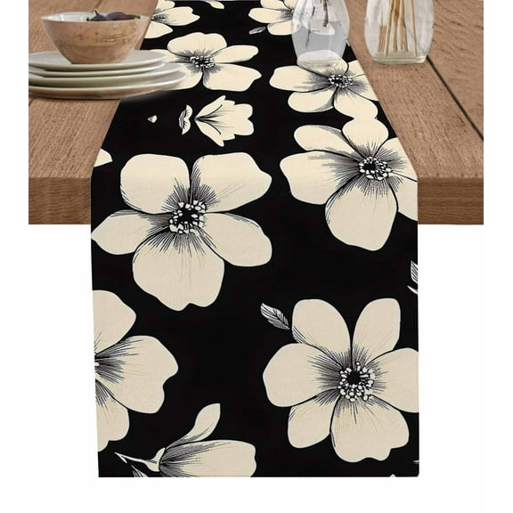 Beige Flowers Table Runner Vintage Elegant Floral Silhouette Tablerunners 13 x 36 Inch, Table Decorations Tabletop Scarf for Summer Gathering Holiday Farmhouse Kitchen Dining Decor