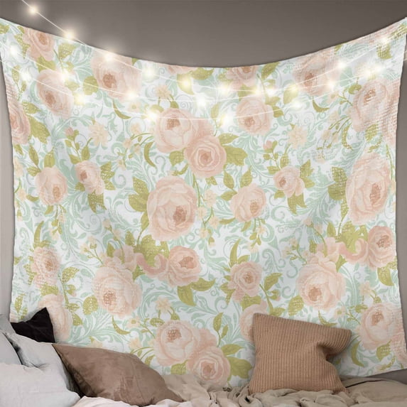 Beige Flowers Tapestry for Bedroom Wall Hanging Tapestry, Farmhouse Botanical Floral Green Leaves Ceiling Backdrop Tapestries Poster Blanket Wall Decor for Teens Room Living Room Dorm 55" x 73"