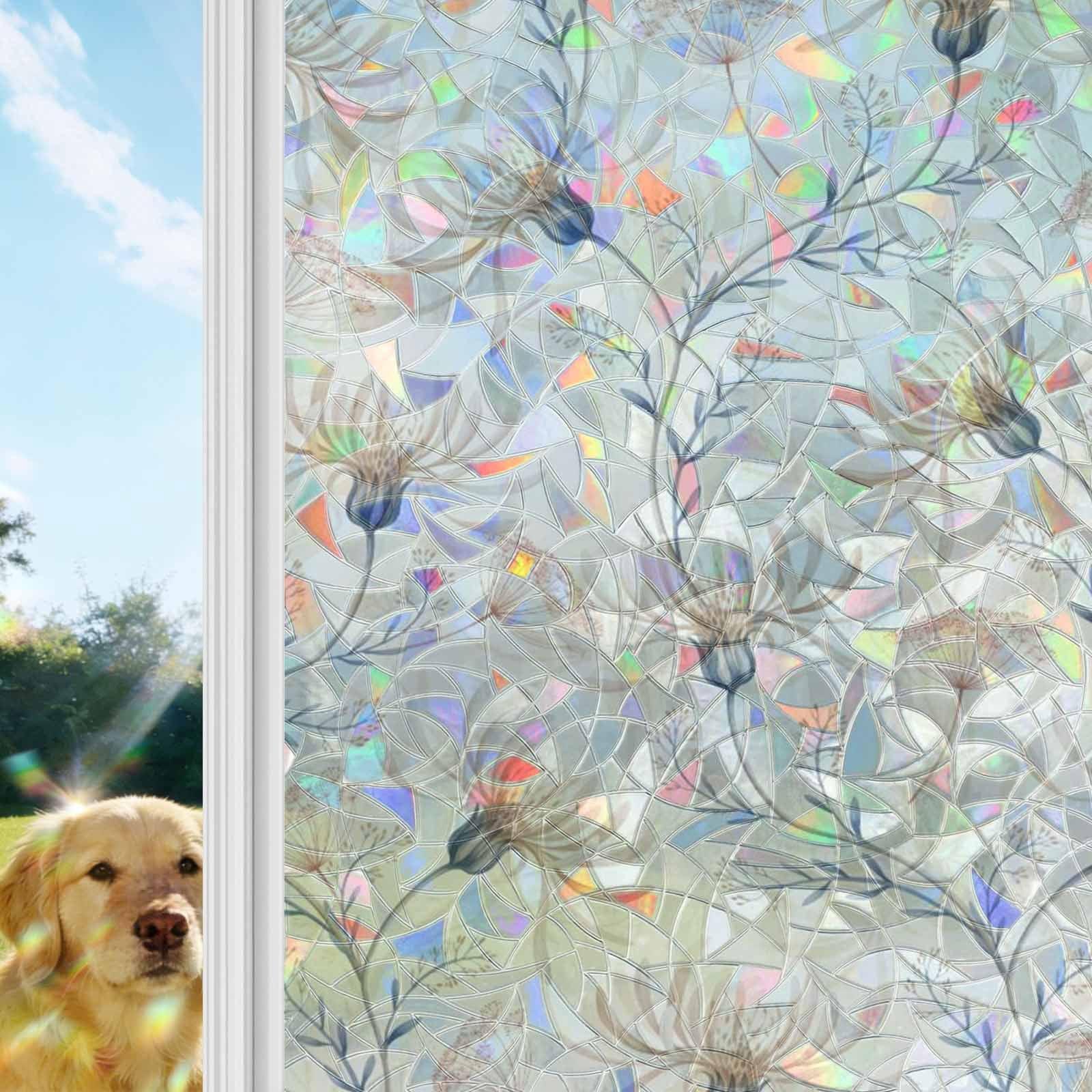 Beige Flowers Window Privacy Film Stain Glass,Reusable Decorative Rainbow Window Film,Watercolor Farmhouse Botanical Floral Static Cling Sun Blocking Stickers Decals Covers 23.6" x 78.7" (2pcs)