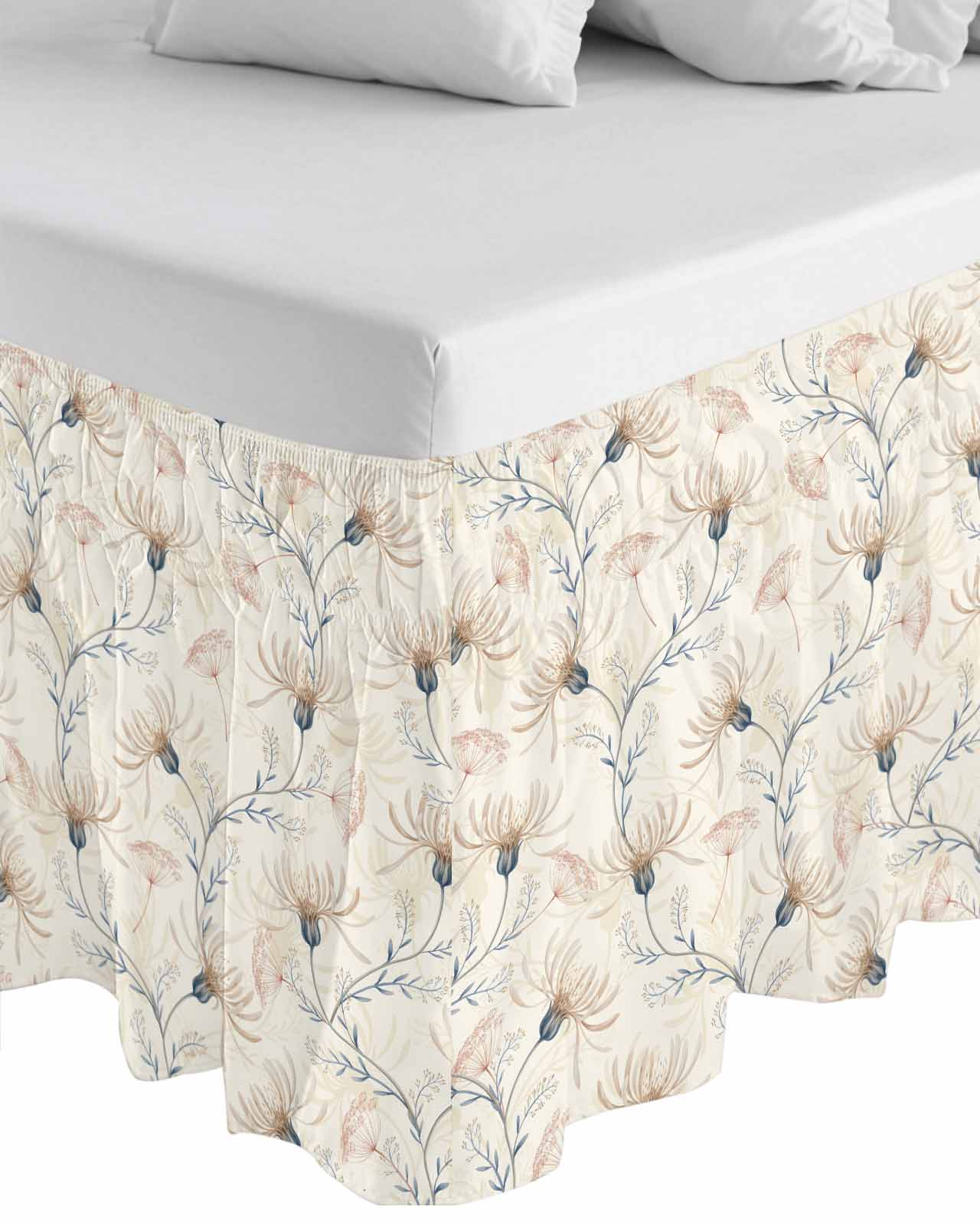 Beige Flowers Wrap Around Bed Skirts for California King Bed 18" Drop,Bed Skirt with Adjustable Elastic Belt Dust Ruffle Bed Valance for Bedroom Watercolor Farmhouse Botanical Floral Bed Frame Cover