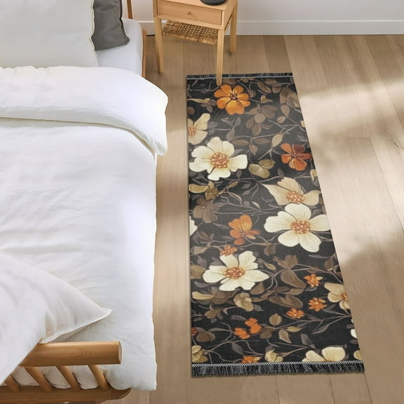 Beige Flowers on Black Background Bedroom Runner Rug 2'x 6' Non Slip Carpet Indoor Home Area Rug Living Room