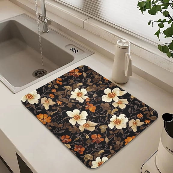 Beige Flowers on Black Background Dish Drying Mat for Kitchen Counter Absorbent Drainer Mats (15.7X11.8Inch)