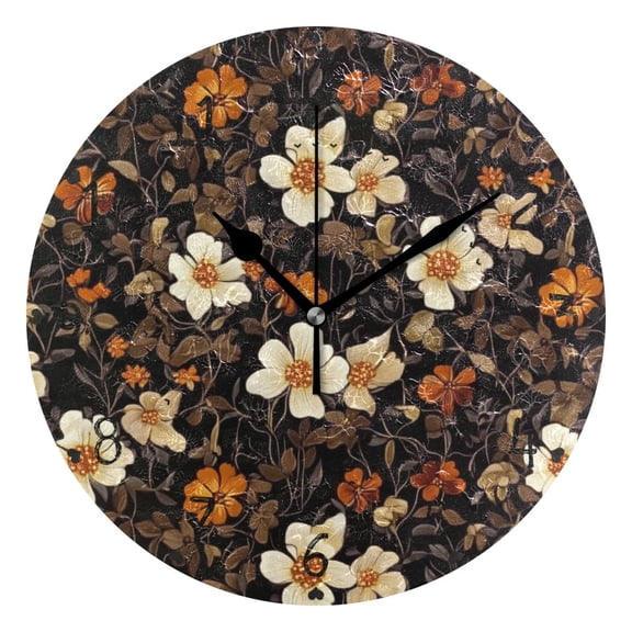 Beige Flowers on Black Background Round Wall Clock Silent Battery Operated Home Decor for Living Room Bedroom