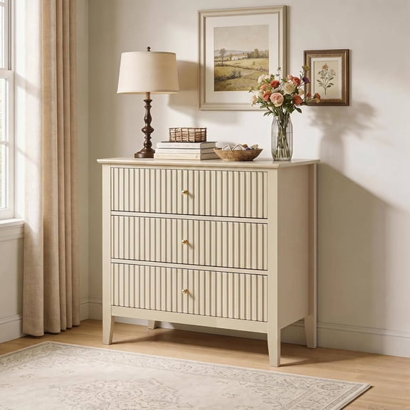 Beige Fluted 3 Drawer Dresser, 32 inch Wide Dresser Nightstand for Bedroom, Modern Wood Chest of Drawers, Large Painted Nightstand with 3 Drawers for Closet, Hallway, Entryway
