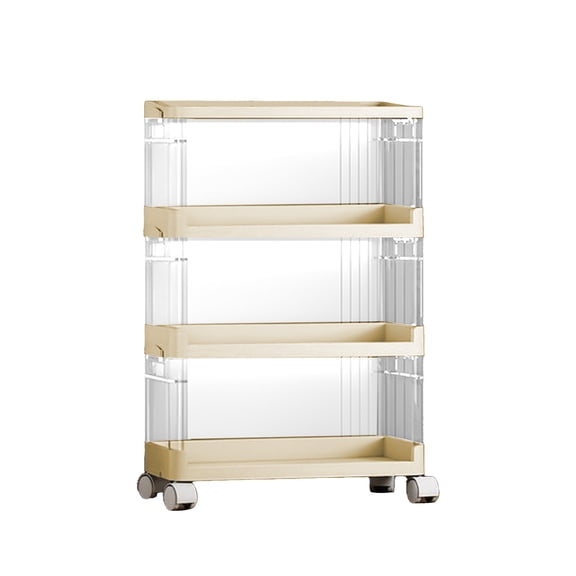 Beige Foldable 3 Layer Snack Storage Cart Installation Free Kitchen Shelves With Wheels 24.6X13.8X9.4 Inch Beige