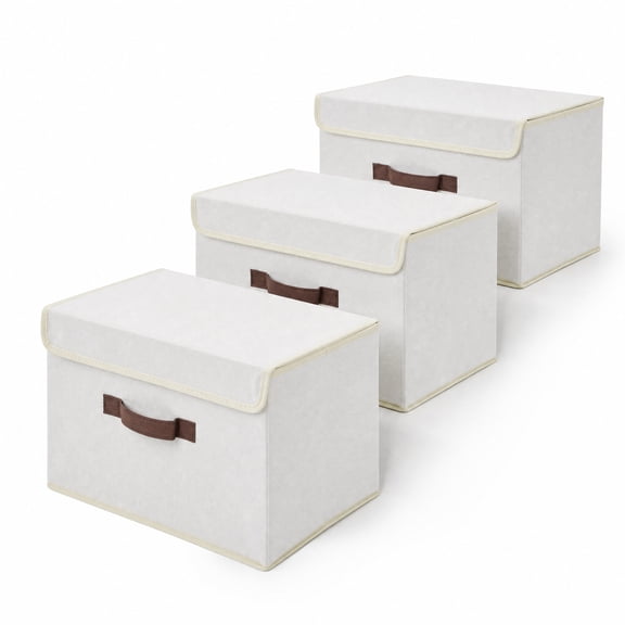 Beige Foldable Storage Bins 3-Pack, Lidded Cloth Organizers with Handles for Closet, 15x10x10 in