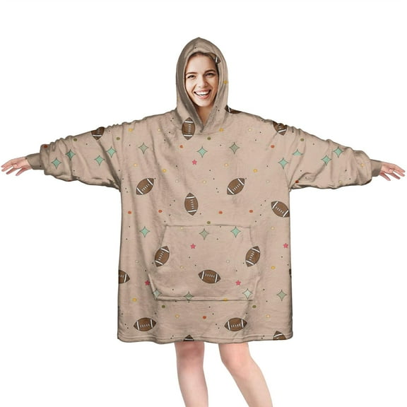 Beige Football and Stars Pattern Wearable Oversized Blanket,Wearable Blanket Hoodie for Adults,Cozy Hooded Blankets with Super Pockets,Super Warm Fuzzy Pullover for Women & Men