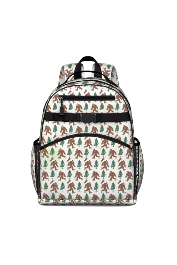 White Bigfoot and Tree Pattern Backpack for School,Cute School Bag,Schoolbag with Adjustable Shoulder Straps & Padded Back,15.25"x11.5"x5.25"