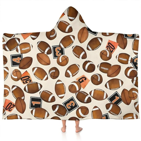 Beige Footballs and Numbers Pattern Hooded Bath Towel，60"x35" for Ages 3 To 12 Kids, Quick Dry Lightweight Soft Microfiber Hood Beach Towel Cover Up for Kids