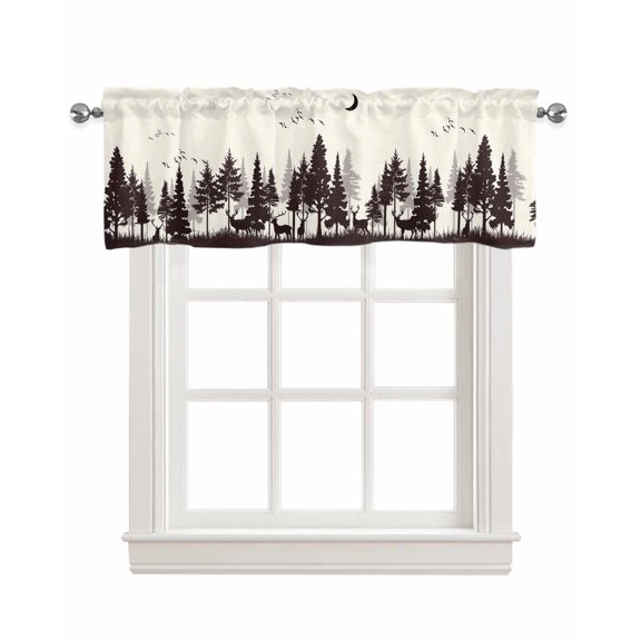 Beige Forest Elk Linen Curtain Valance for Bedroom/Bathroom/Kitchen/Office/Living/Dining Room Window,Animal Deer Bird Tree Botanical Moon Pocket Topper Drapes Decorative Cafe Drapery Panel 42"x18"