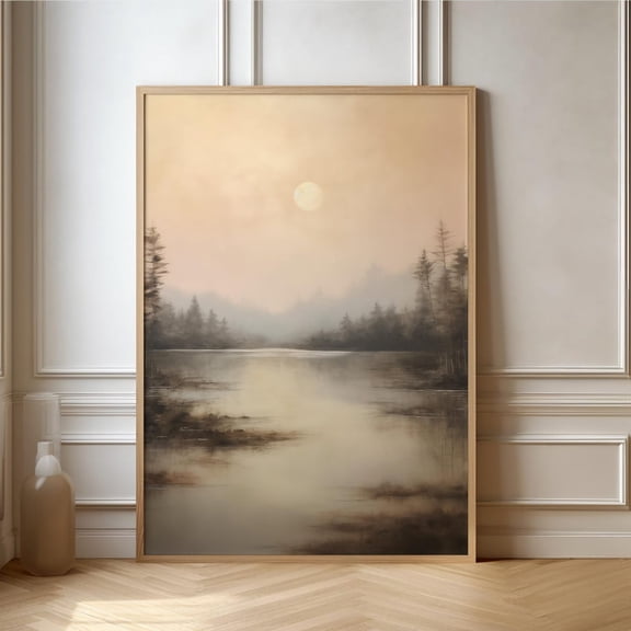 Beige Forest Lake Mist Minimalist Nature Tranquil Image Japandi Boho Accent Portrait Decor Unframed Paper Print