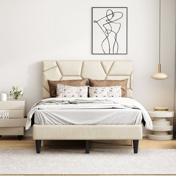 Beige Full Bed Frame With Storage - Robust, Noiseless, No Box Spring, User- Linen Headboard And Under Strong Stable Full, Versatile