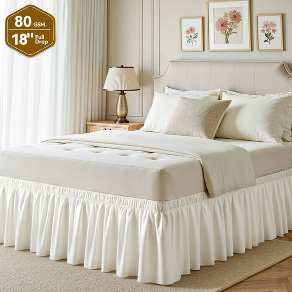 Beige Full Bed Skirt, 18-Inch Tailored Drop, Wrap-Around Dust Ruffle, Easy Install