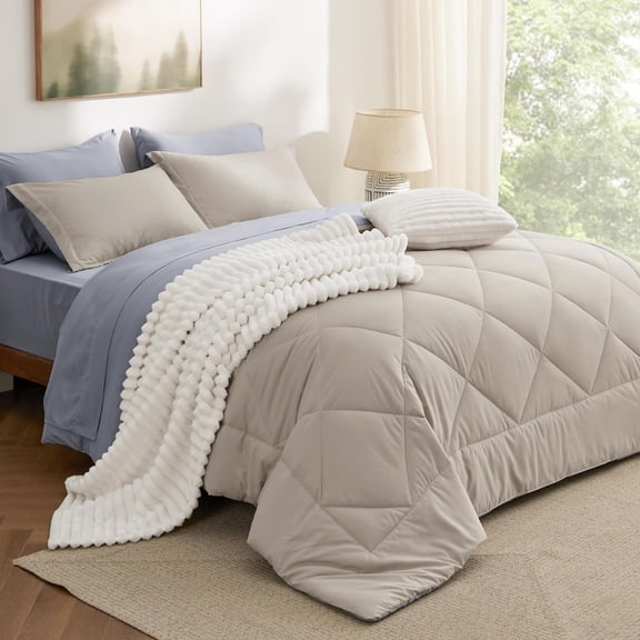 Beige Full Comforter Set - 7 Pieces Reversible Bed Set Bed in a Bag Full with Comforters, Sheets, Pillowcases & Shams
