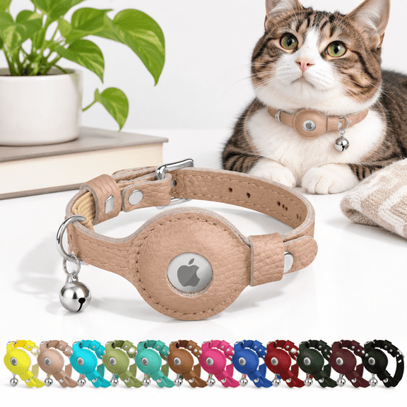 Beige Full-Grain Genuine Leather Adjustable Cat Collar with AirTag Holder and Bell