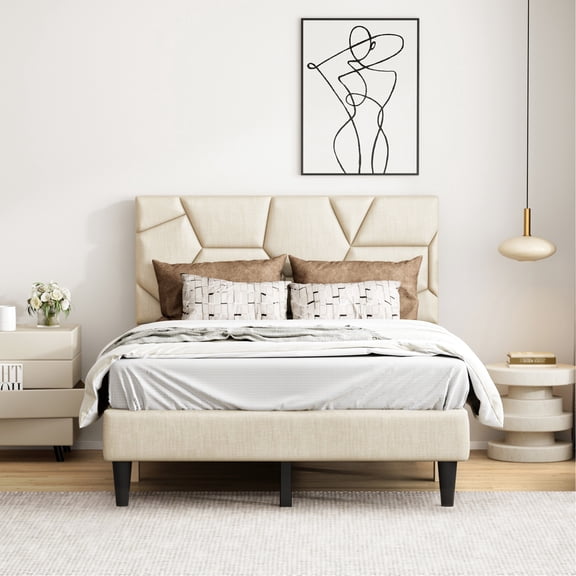 Beige Full Size Bed Frame - Strong, Stable, No Box Spring, With Space Saving Linen Headboard And Under Storage Frame, , Efficient