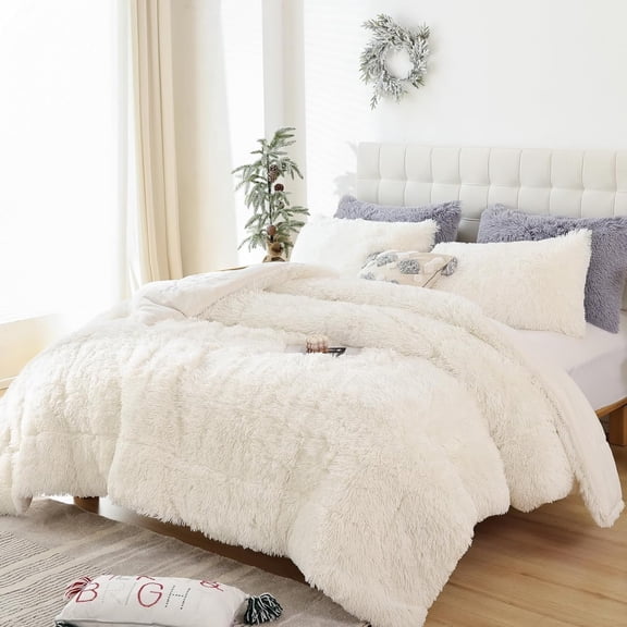 Beige Full Size Faux Luxury Fuzzy Bedding Set