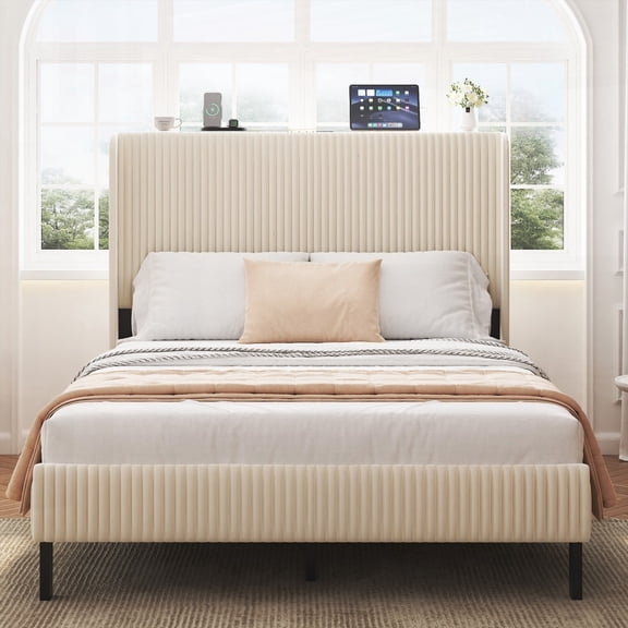 Full Size Metal Platform Bed Frame with Charging Station, Beige, No Box Spring Needed for Bedroom