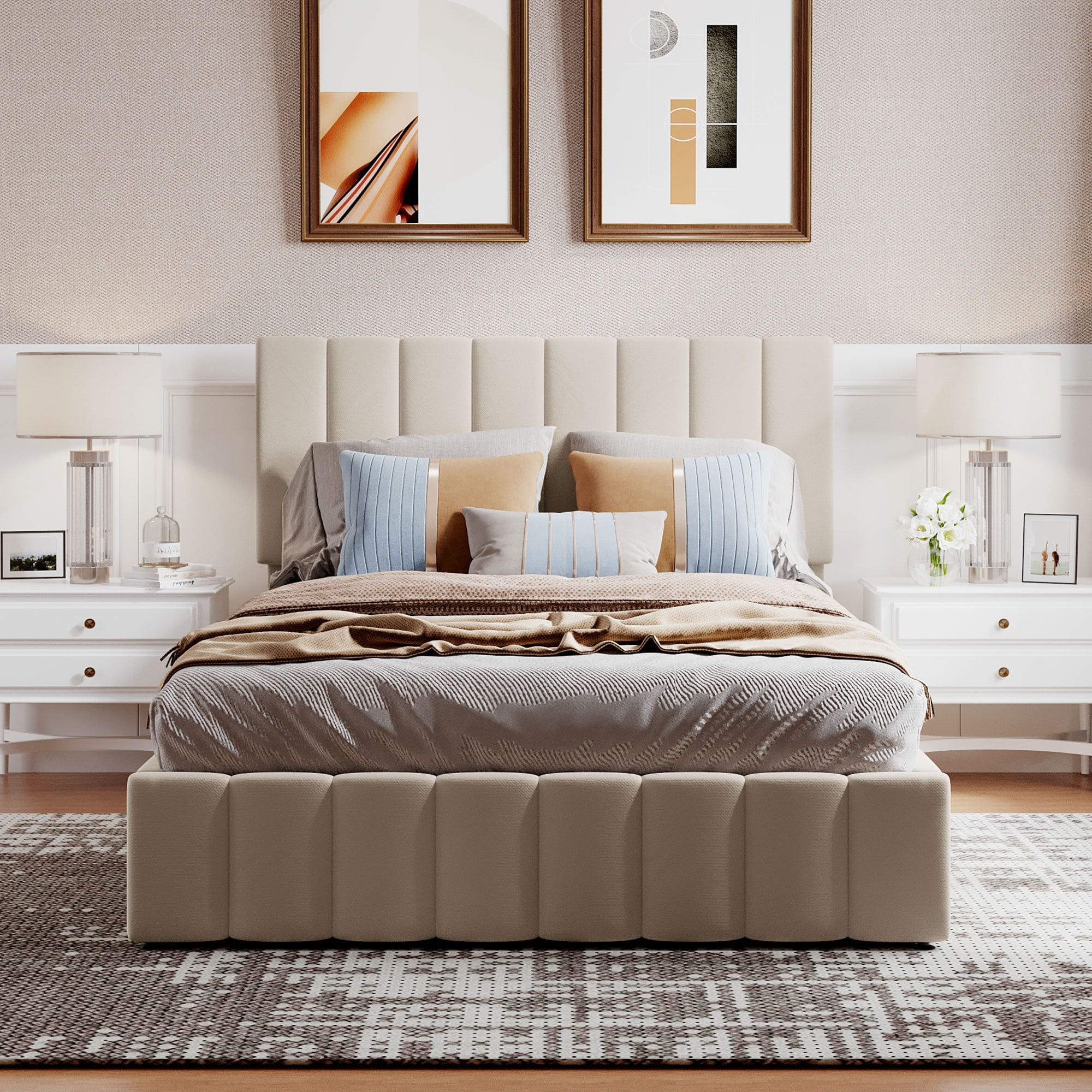 Beige Full Size Upholstered Platform Bed with Hydraulic Storage