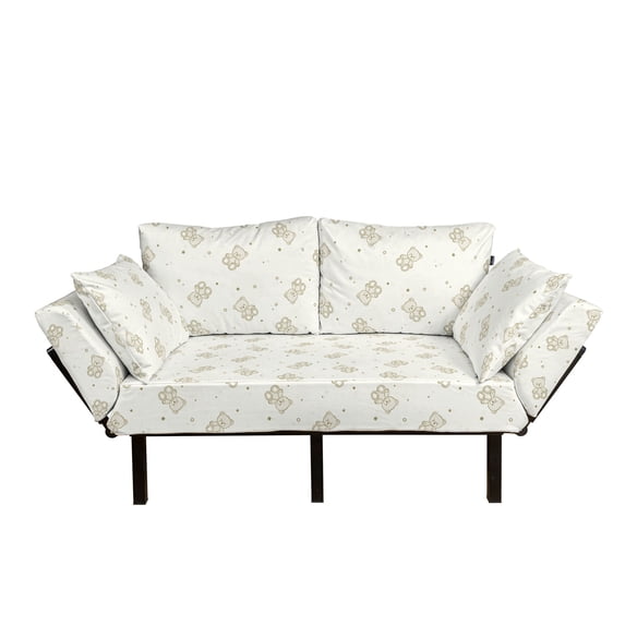 Beige Futon Couch, Teddy Bear Monochrome Illustration Toys Stars and Dots Halftone Background, Daybed with Metal Frame Upholstered Sofa for Living Dorm, Loveseat, Eggshell Tan, by Ambesonne