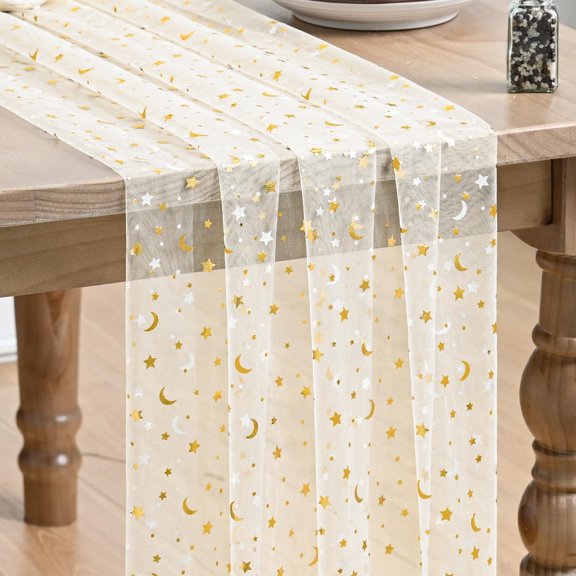 Beige Gauze Stars Moon Table Runner 10FT, Glitter Metallic Foil Sheer Dining Wedding Anniversary Holiday Birthday Table Decor for Home Party