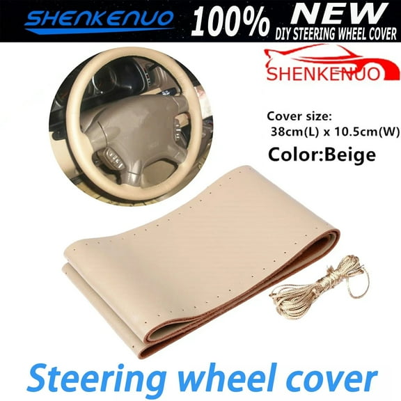 Beige Genuine Leather Steering Wheel Cover Wrap Sew-on 14.5"-15" Kit For Car, Pack of 1,SHENKENU