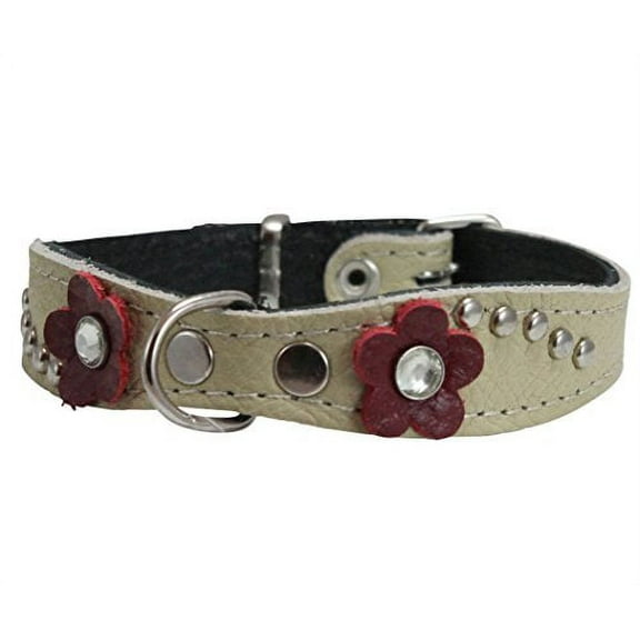 Beige Genuine leather Designer Dog Collar 11"x3/4" with Studs, Daisy, and Rhinestone