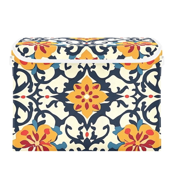 Beige Geometric Art Print Large Storage Bins with Linen Collapsible Lid Storage Box 16.7 x 12.6 x 11.8in