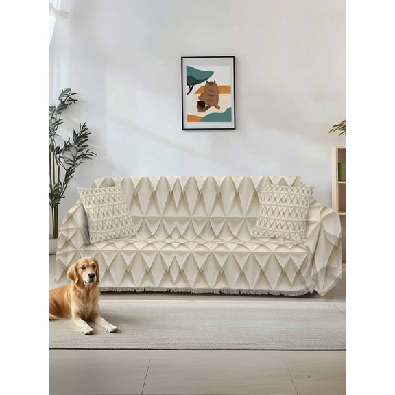 Beige Geometric Couch Cover, Simplistic Chic Rustic Hexagon Pattern Sofa Cover Blanket for 1 Seat Cushion,Sectional Sofa Slipcover Furniture Protector for Living Room Bedroom 71''x91''
