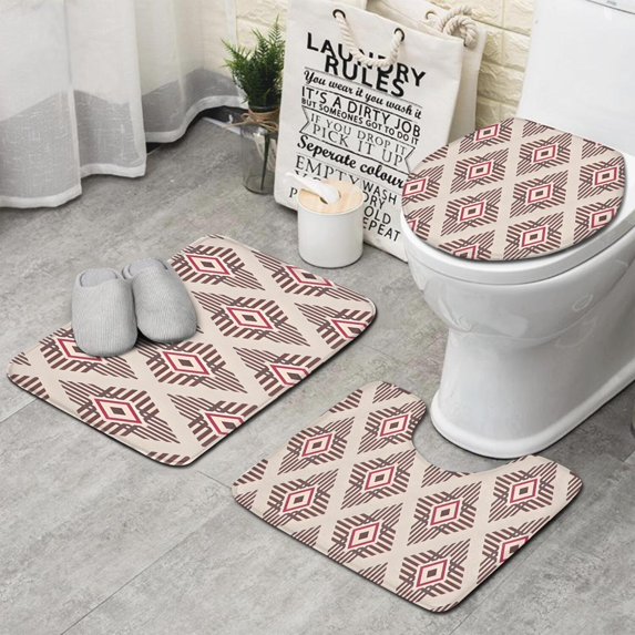 Beige Geometric Diamond Striped Pattern Bathroom Rugs Sets 3 Piece,Toilet Cover Set,Absorbent Non Slip Bathroom Mats Sets with U-Shaped Contour Rug Toilet Rug Set