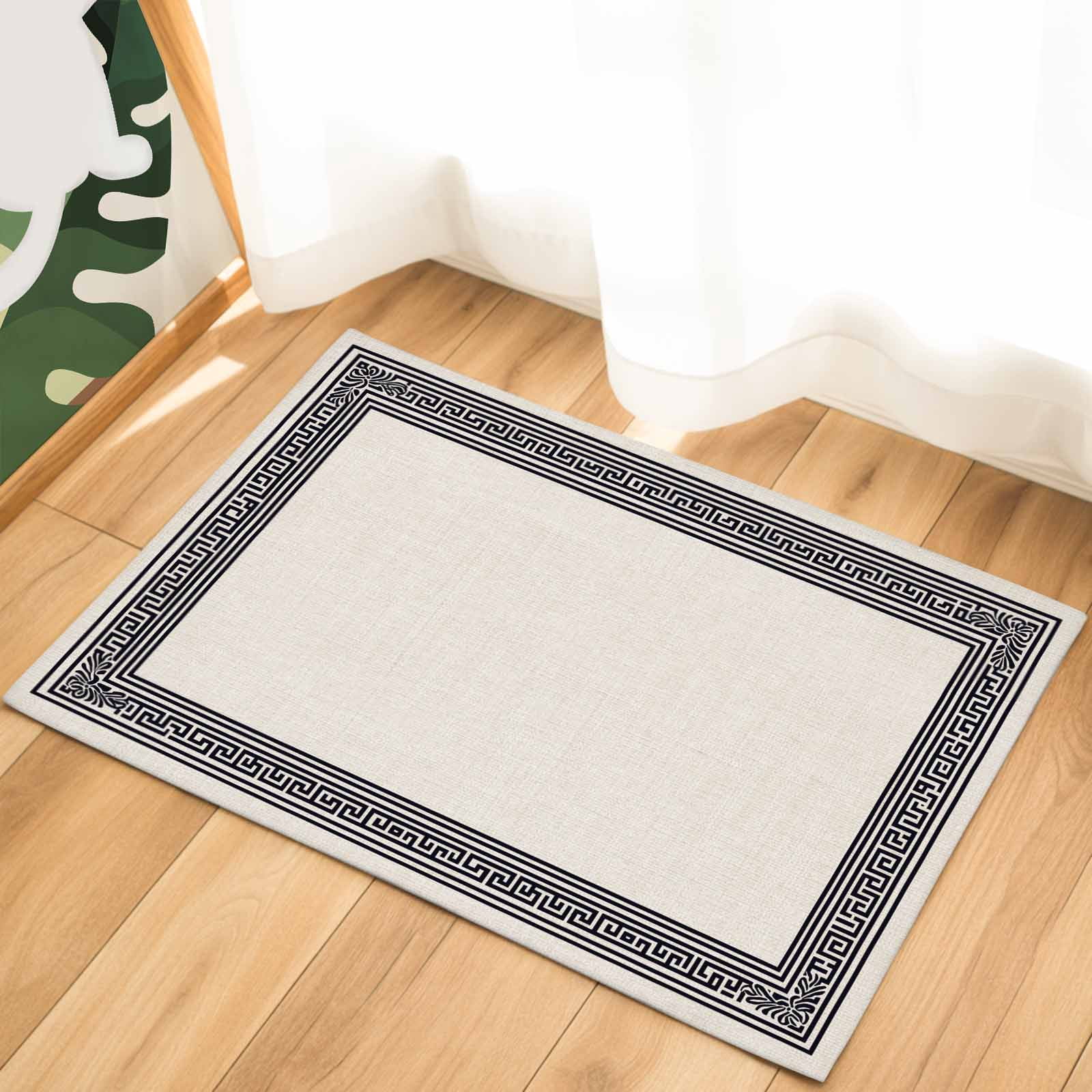 Beige Geometric Indoor Door Mat - 20"x31.5", Non-Slip Welcome Mat for Outdoor, Black Greek Key Design Burlap Modern Art Front Doormat for Entry, Low-Profile Doormat Entrance Rug for Kitchen/Bathroom