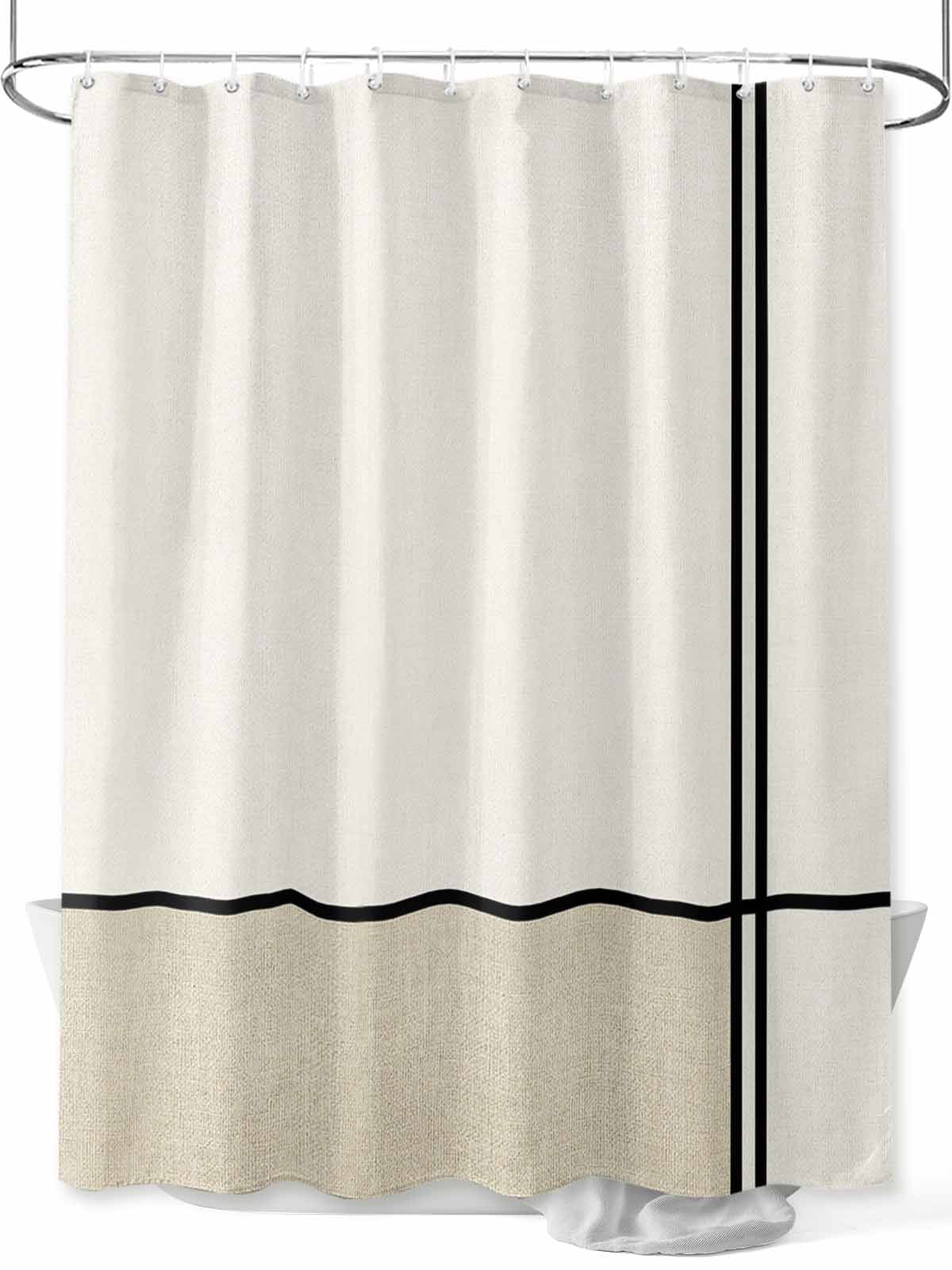 Beige Geometric Long Shower Curtain Set, Waterproof Shower Curtains for Bathroom, Modern Color Block Black Lines Abstract Art Washable Fabric Cloth Bath Curtain for Bathtub with Hooks 72x84 Inches