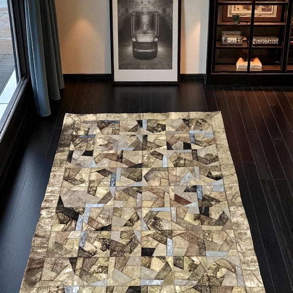 Beige Geometric Patchwork Cowhide Rug