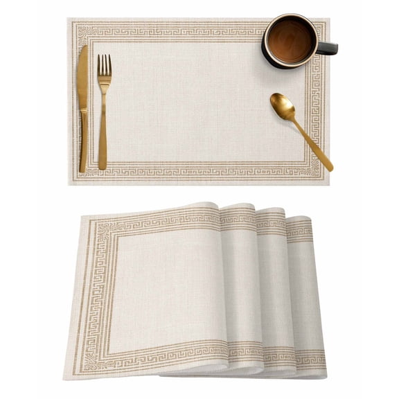 Beige Geometric Placemats Set of 6, Brown Greek Key Design Burlap Modern Art Placemats for Dining Table, Place Mats for Kitchen Tabletop, Waterproof Wipeable Dining Table Mats Set